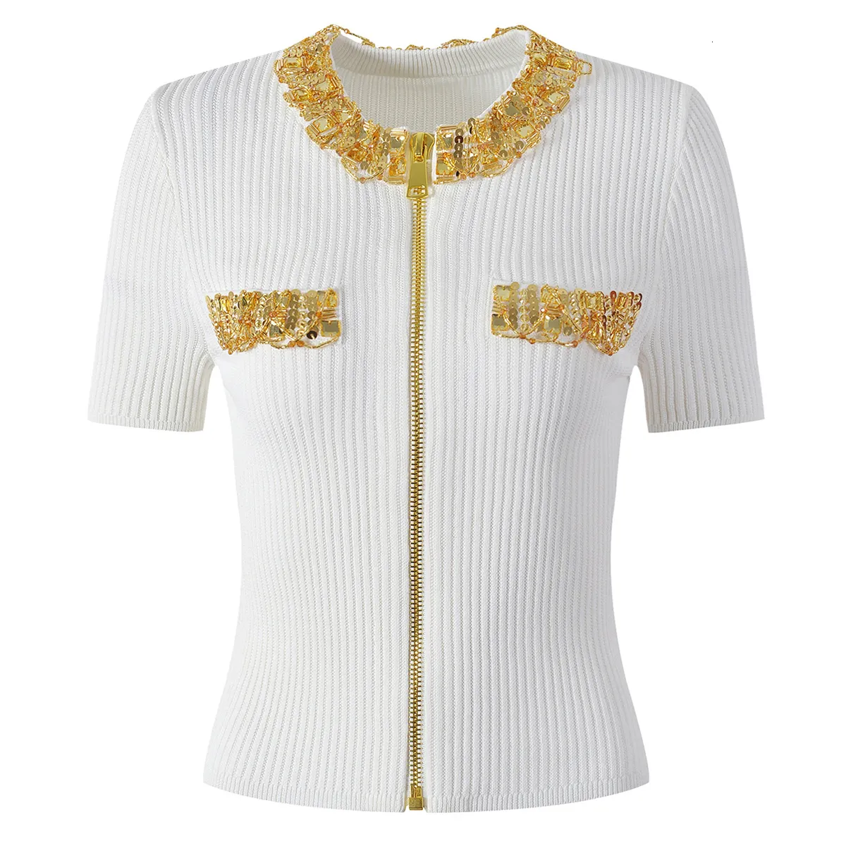 Women's Knits Tees SML Black White 2023 Summer Fashion Knitted Elastic Fabric Gold Beaded Round Neck Short Sleeve Exquisite Cardigan 230725