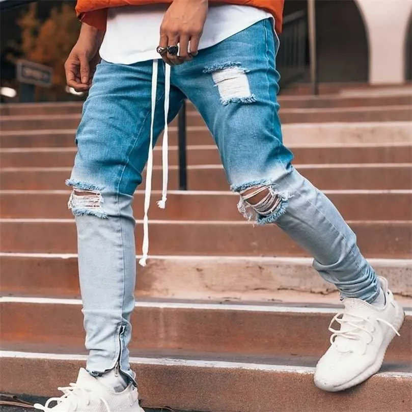 Erkekler Modaya Gradyan Erkekler Skinny Jeans Biker Yıkılmış İnce Uygun Yırtık Kenim Ayak Bileği Fermuar Pantolon Pantolon Hip Hop Street Giyim 210318 L230726