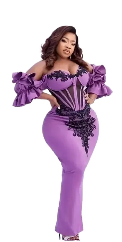 New Aso Ebi Prom Dresses Plus Size Mermaid Evening Party Gowns with Black Applique Short Sleeves Women Cocktail Dress