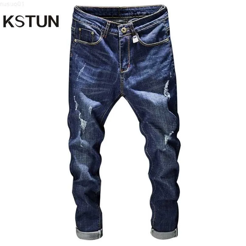 Uomo KSTUN Strappato Uomo Stretch Blu Scuro Slim Fit Fashion High Street Jeans Strappati Distrutti Uomo Sfilacciato Hip Hop Pantaloni Casual Denim 210318 L230726