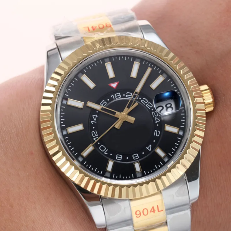 Sky Dhgate Men's Watch بالكامل أوتوماتيكي ميكانيكي 9001 حركة 42 مم ساعة التناوب مزدوج وظيفة تاريخ 904L من الفولاذ المقاوم للصدأ مقاوم للماء