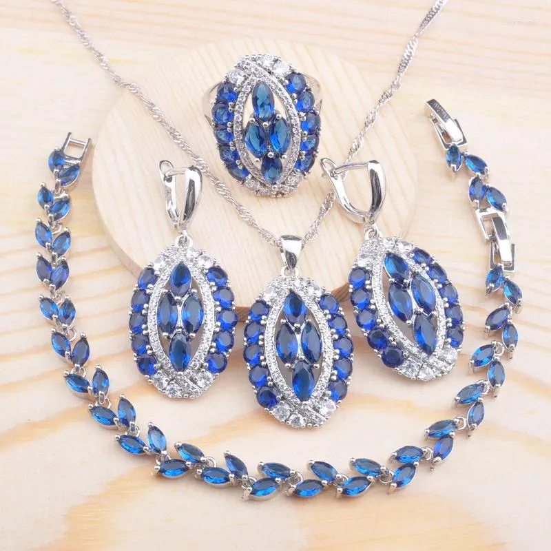 Necklace Earrings Set Wedding Cifts Blue Crystal Silver Color Jewelry For Women CZ Bracelet Pendant Ring 2023 QS0711