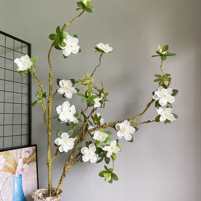 ドライフラワーラグジュアリー長い大きな白いアザレアブランチは、偽の葉のある人工花を形作るのが簡単です。