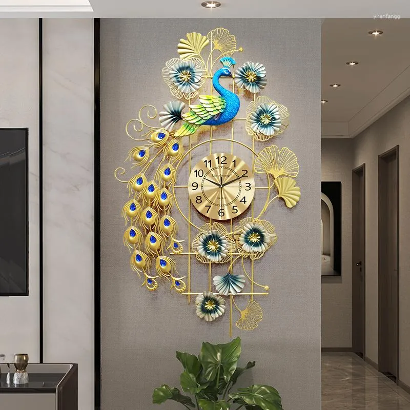 Horloges murales Unique métal fleur horloge suspendue moderne paon or Hall silencieux salon décoratif Reloj Pared décoration de la maison