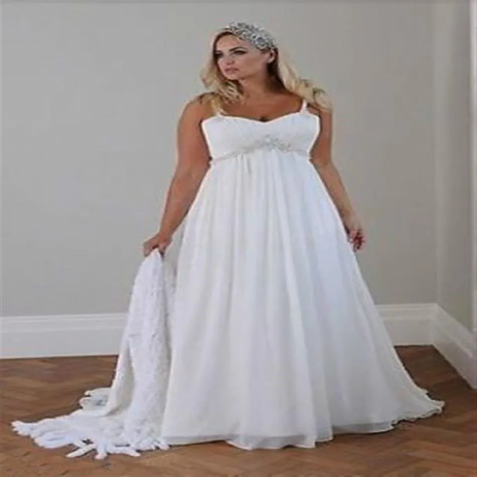 Plus Size Lässige Strandhochzeitskleider 2019 Spaghettiträger Perlen Chiffon Bodenlang Empire-Taille Elegantes Brautkleidse273z