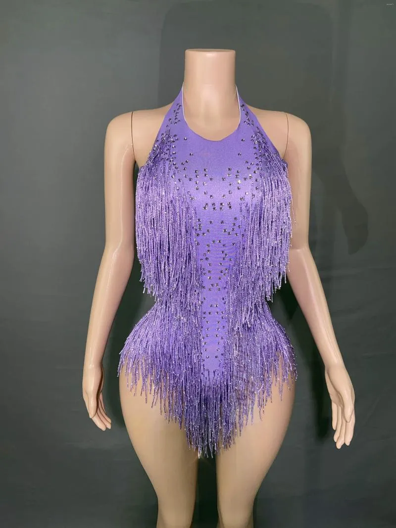 مرحلة ارتداء الأرجواني الهامش راينستون bodysuit كرنفال لباس النساء راقصة عرض زي مثير فتاة