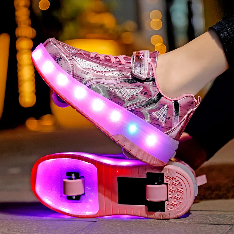 Enfants lumière LED USB charge enfants deux roues baskets pour garçons filles talons patins à roulettes volant chaussures de Sport en plein air décontracté