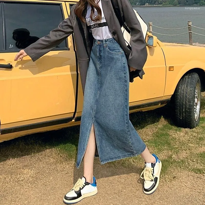 Skirts 2023 Spring High Waist Slit A-line Falda Aesthetic Denim Women Skirt Solid Color Japanese Versatile Streetwear Long