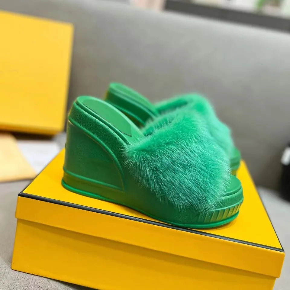 8.5CM High Heels Mink Fur Sandal Wedges Slippers Women F Platform