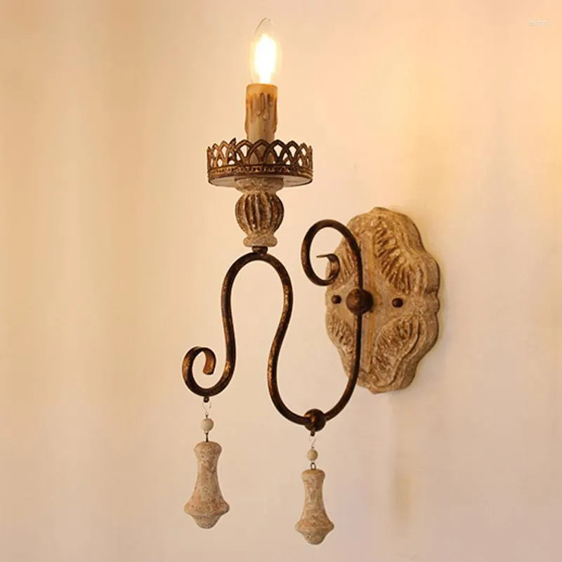 Wall Lamp American Old Lamps Vintage Carved Wooden Bedside Nordic Garden Wrought Iron Bedroom Dining Room Crown Lights