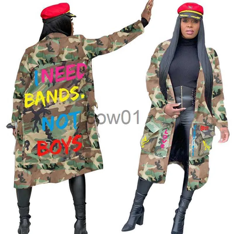 Damenjacken Camouflage Trenchjacke Frauen 2020 Plus Size Kleidung Briefdruck Mantel Streetwear Long Style Crop Top Großhandel Dropshipping J230726