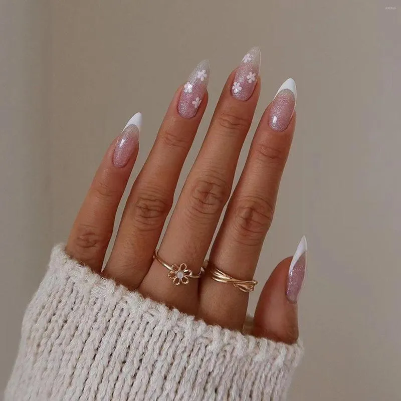 Unhas postiças 24 peças com glitter francês, desenhos de flores brancas, arte de unha profissional, amêndoa, nude falso, cor rosa artificial