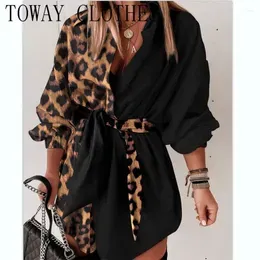 Casual Dresses Dress For Women 2023 Turn-down Collar Leopard Print Lantern Sleeve Belted Shirt