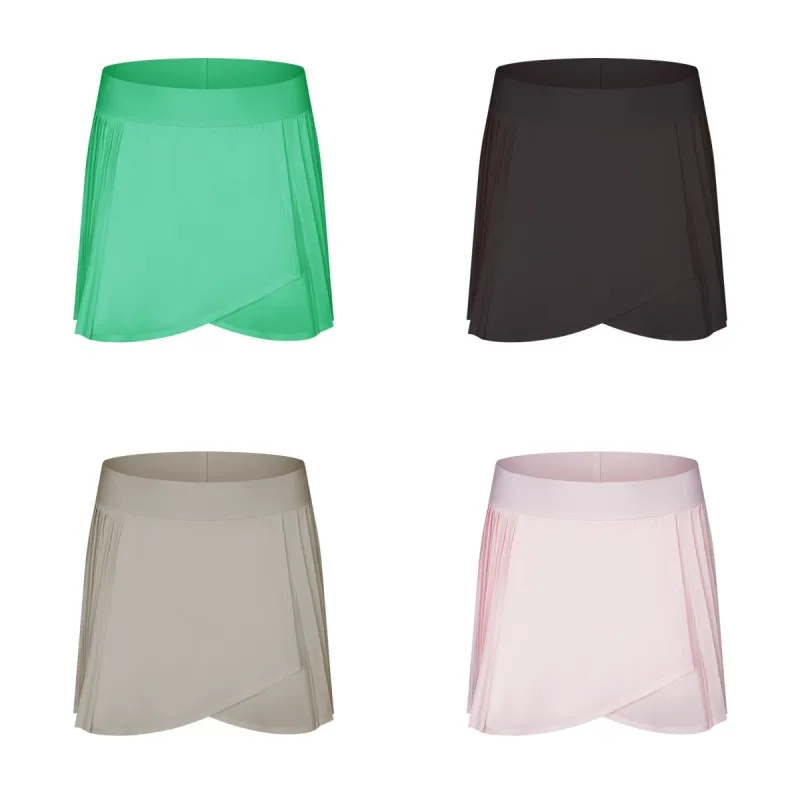 New yoga shorts with water-cooled elastic pleated skirt, double layer anti glare three way sports skirt