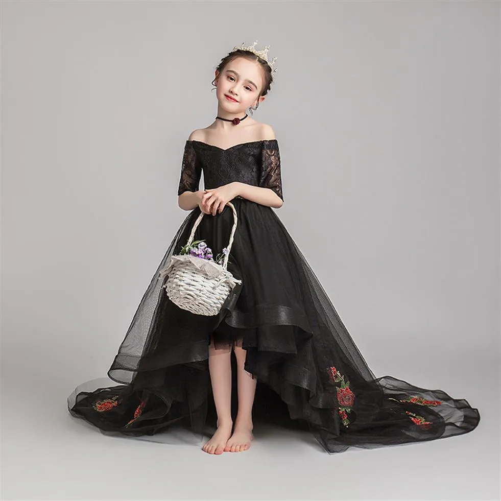 Flower Girl Dresses Children's evening wear princess dress girl black model catwalk drag tail little girl host piano performa250B