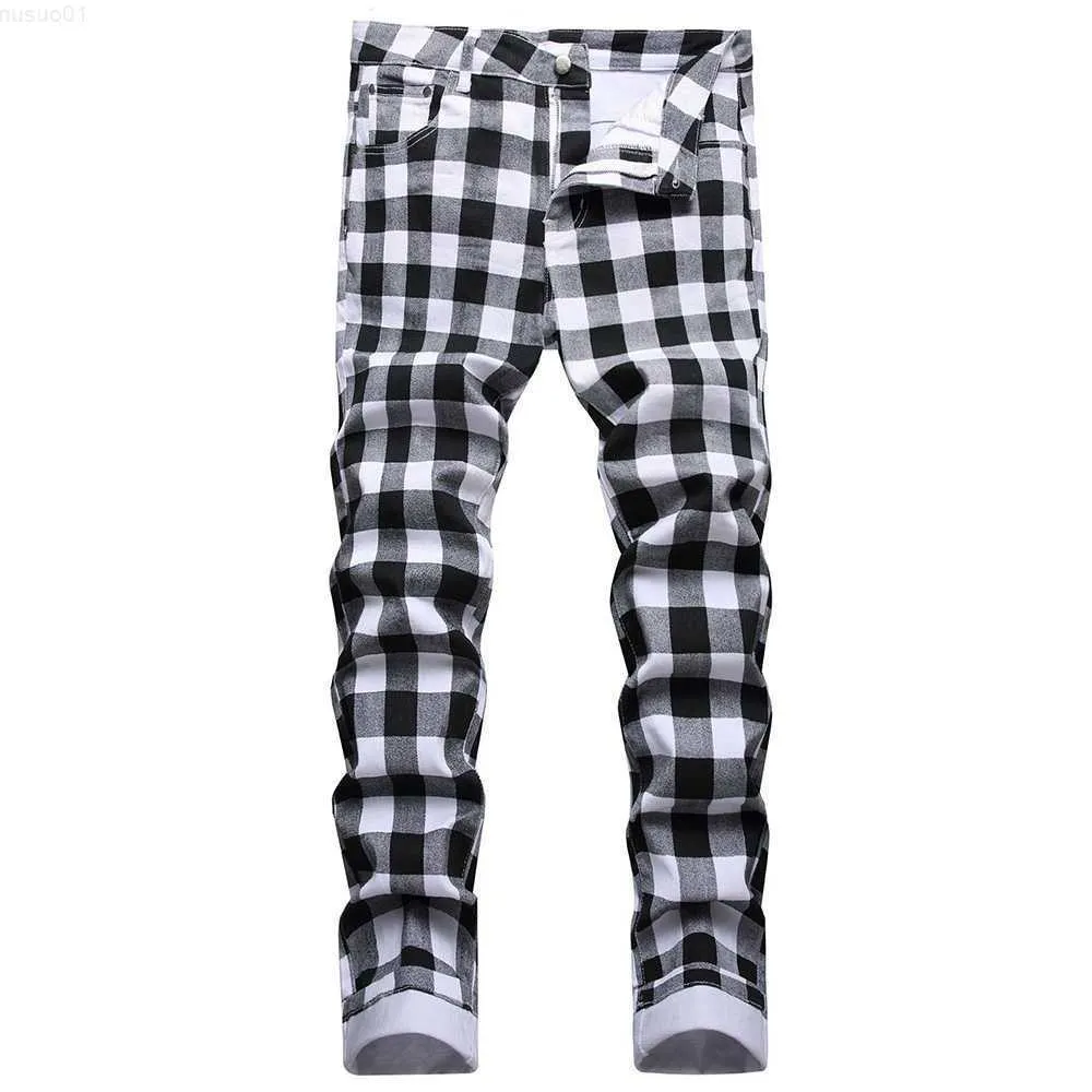 Men's Jeans Black and White Plaid Printed Fashion Check Digital Print Slim Straight Pants Stretch Trousers Y2303 L230726