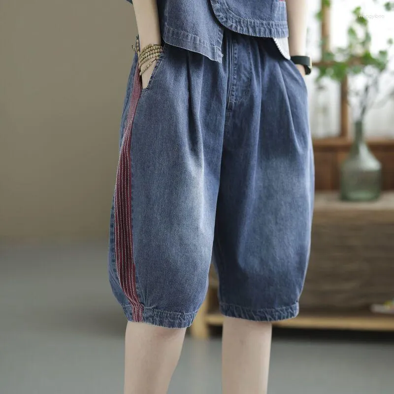 Kvinnors jeans kvinnor kort y2k sommar elastisk midja lös denim pants linje dekoration komfort avslappnad alla matcher breda benbyxor u122