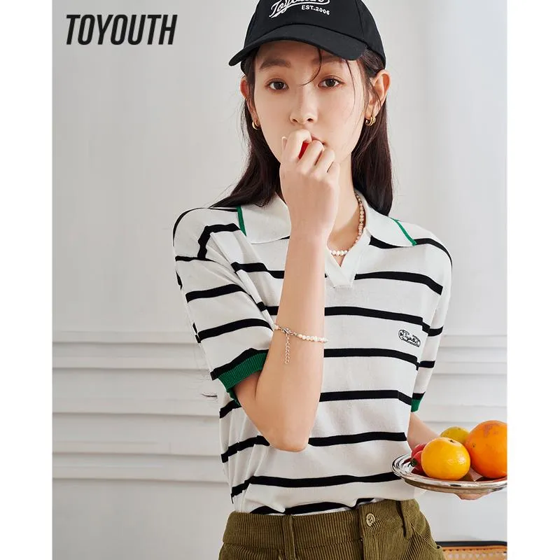 Toys Toyouth Women Tshirt 2023 Summer Short Sleeve Polo V Neck Slim Stretch Knitwear Black and White Stripes Casual Chic Tops