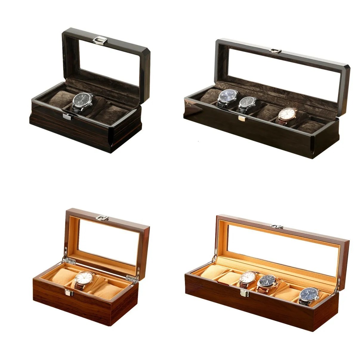 Titta på Boxes Cases Embers Black Luxury Wood Grain Box 3 Slots 6 Quartz Mechanical Series Storage 230725