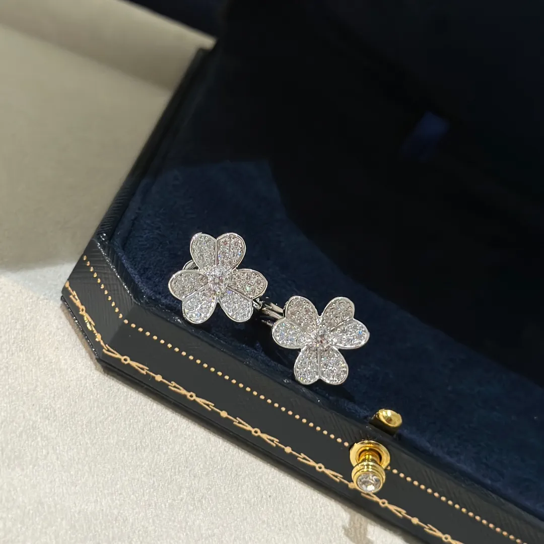 Luxury Earrings Charm Frivole Brand Designer Top Quality S925 Sterling Silver Full Crystal Four Leaf Clover Stud Earrings For Women With Box Party Gift