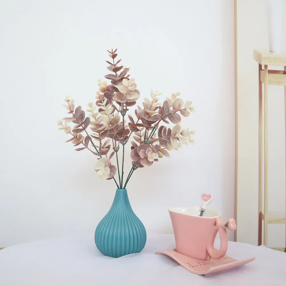 시뮬레이션 된 5 열 유칼립투스 파우더 플라스틱 꽃 꽃 돈 잎 활동 장면 장식 인공 꽃 결혼 사진 시뮬레이션 꽃