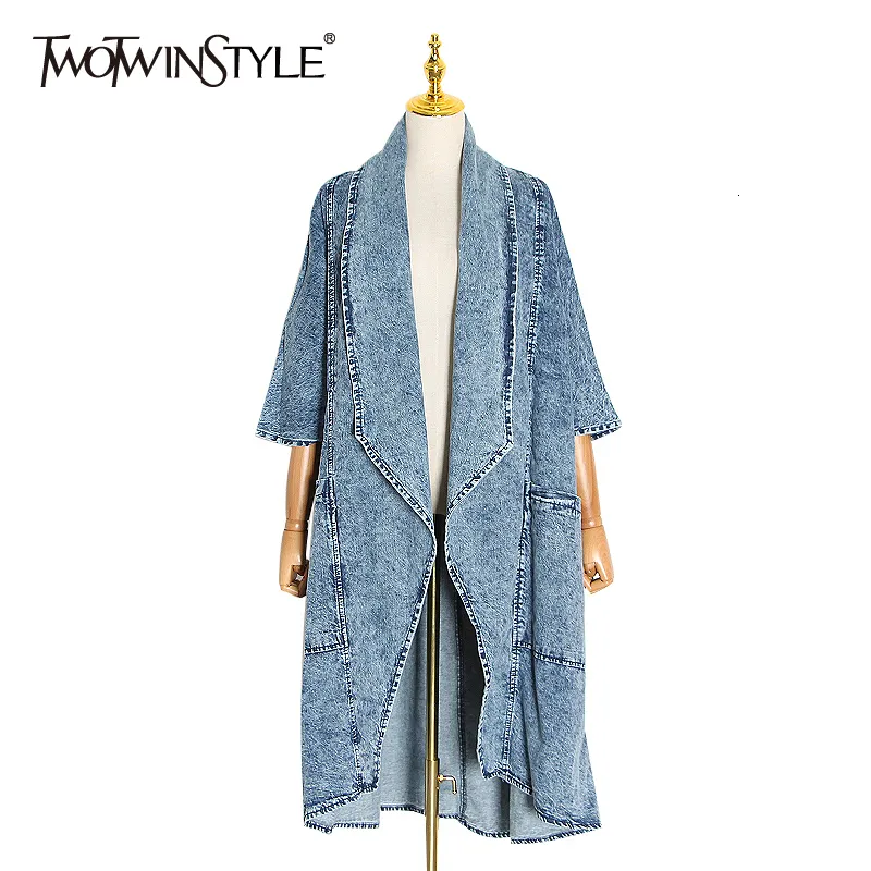 Женские траншеи Coats Twotwinstyle Vintage Denim Women Werdbreaker Lapel воротник с половиной рукава с высокой талией.