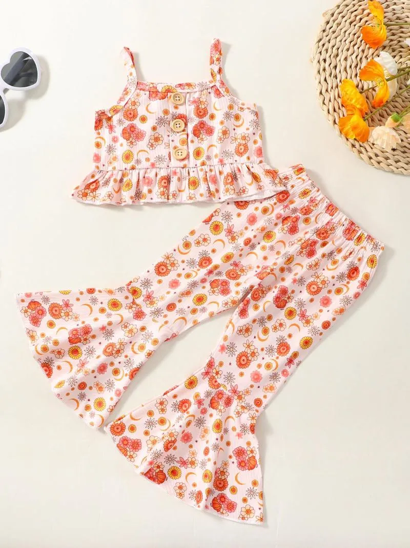 Kleidungssets Kleinkind Baby Mädchen Kleidung Blumen Schlaghosen Outfit Spaghettiträger Rüschen Tank Tops Gerippte Schlaghosen Set (Orange 2-3