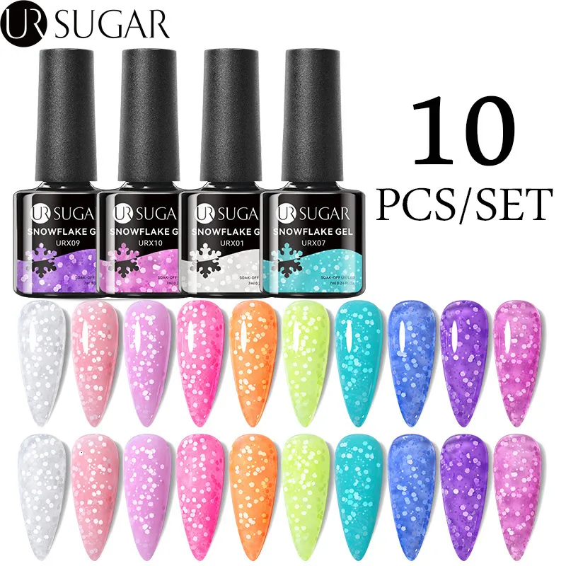 Żel paznokciowy UR SUKT 10PC ZESTAW SNOWLALE PLILE ZESTAW 7 ml szklanej butelki Półprzepustny namocz UV LED Art Design Manicure 230726