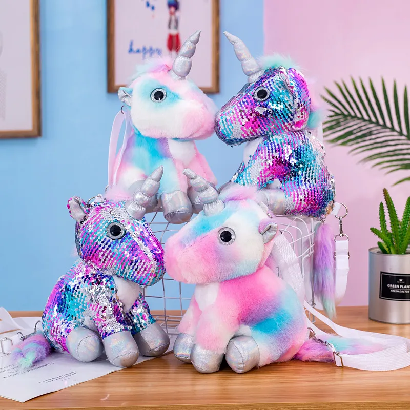 Nouveau sac de dessin animé coloré licorne jouet sac à bandoulière mignon en peluche sac à dos Sequin Style diagonale sac à cheval