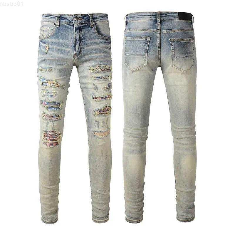 Erkekler Kot 2021 Erkek Kot Sıkıcı Motosiklet Bisikletçisi Jean Rock Sıska İnce Yırtık Delik Mektubu En İyi Kaliteli Marka Hip Hop Denim Pantolon 21ss L231130