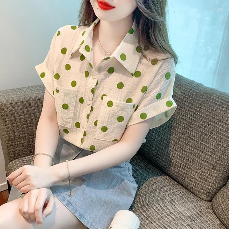 Women's Blouses French Green Polka Dot Short Sleeved Chiffon Shirt For Summer Wear 2023 Westernized Top Design With A Feeling Of