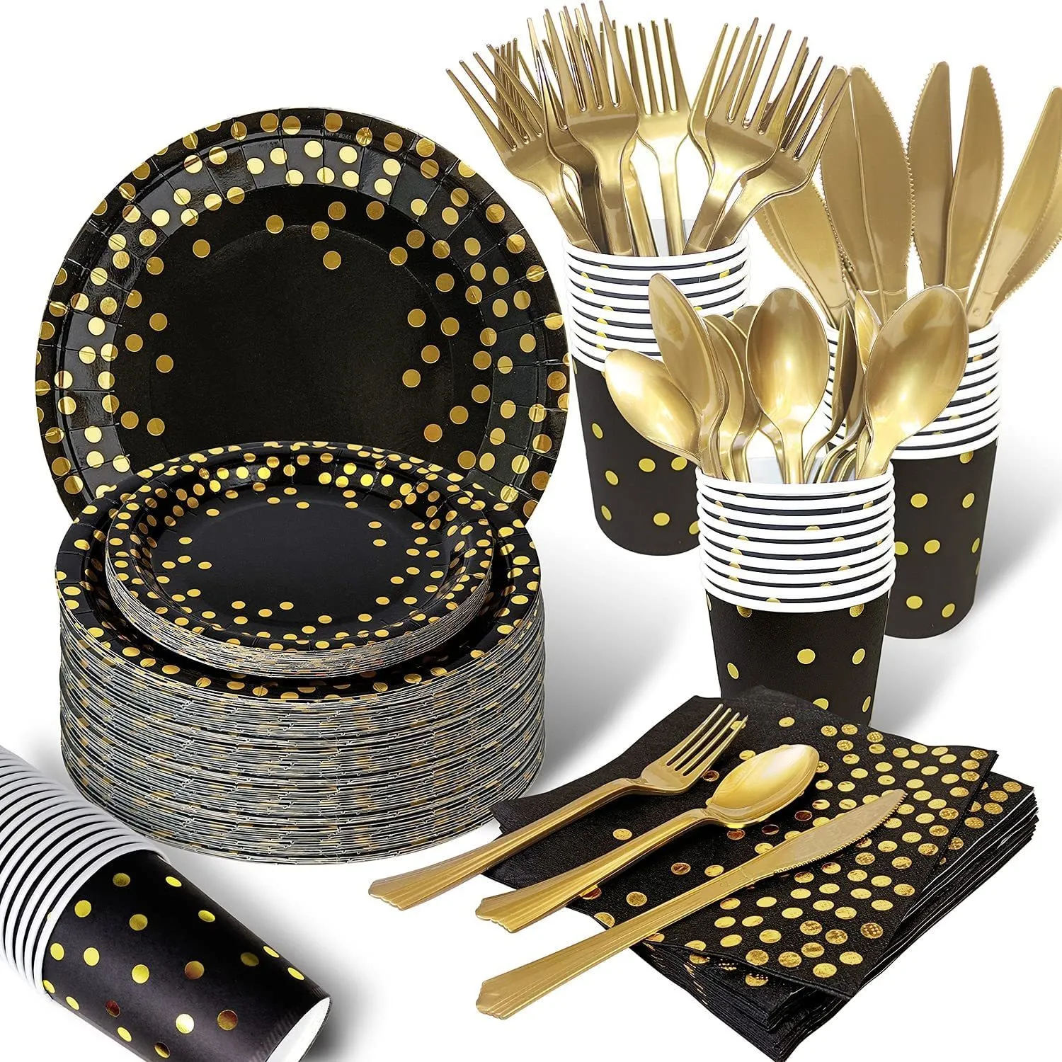 Altri articoli per feste di eventi 80 pezzi di 10 persone Set di stoviglie usa e getta per coriandoli con design a pois in oro nero Piatto per tazze per forniture per decorazioni per adulti di nozze 230725