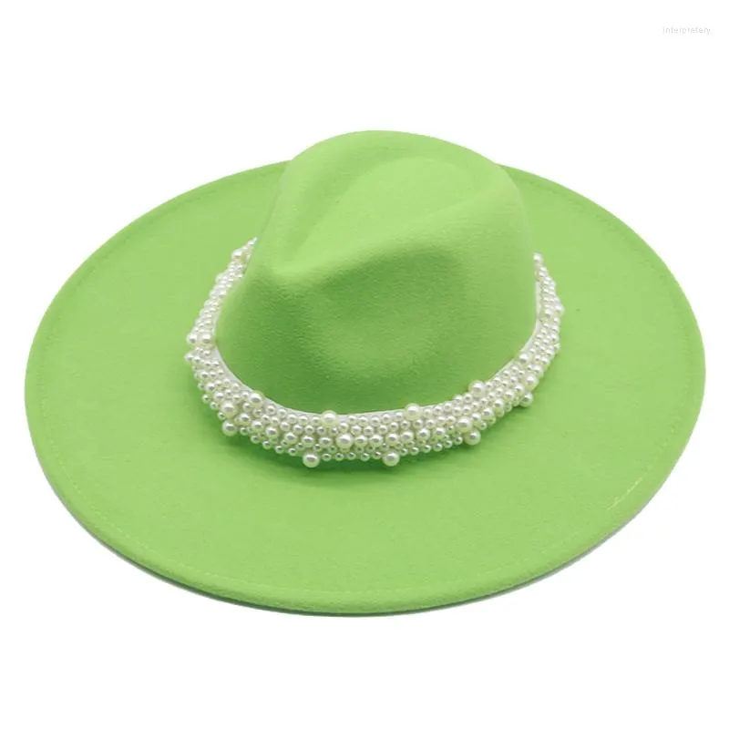 Boinas Fedora sombreros 9,5 cm gran ala grande hombres mujeres invierno otoño perla cinturón elegante fieltro caqui blanco sombrero Jazz gorras