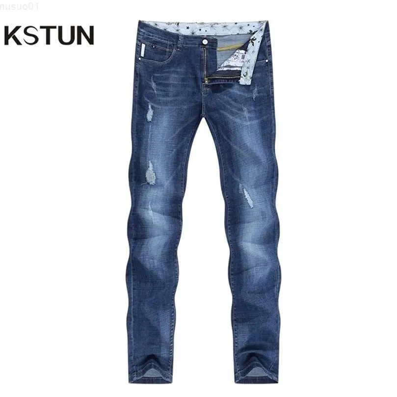 KSTUN Slim Fit Blauw Zomer Dunne Gescheurde Jeans Mannen Streetwear Hip Hop Denim Broek Herenkleding Groothandel Drop 210318 L230726