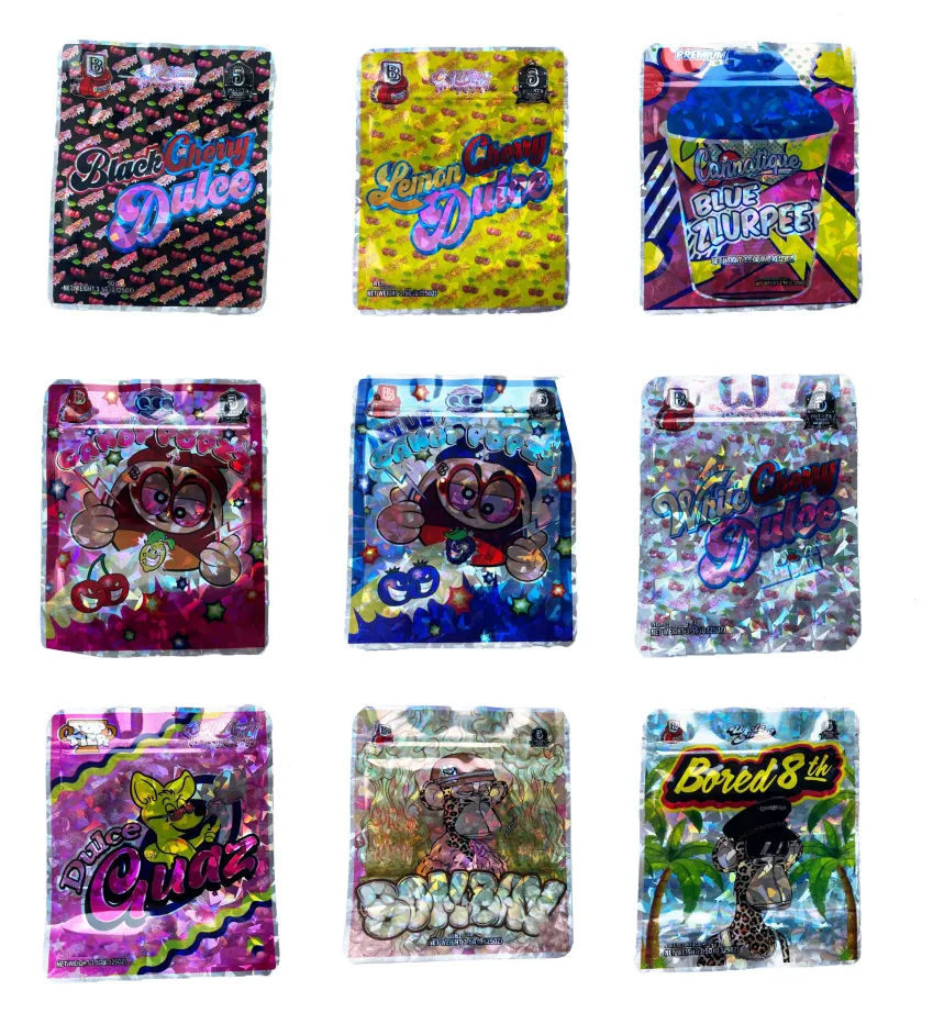 Forfaits sac d'emballage Stand Up pochette paquet Mylar Sacs feuille d'aluminium enfants sour Gummies cerise noire dulce bule zlurpee cannatique gros