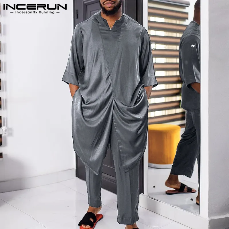 Herren Trainingsanzuge Muslimische Sets Satin Einfarbig V Ausschnitt Halbe Armel Kaftan Hosen 2 Stuck Islamische Arabische Herrenanzuge Jubba Thobe S 5XL INCERUN 230725 Von 19 19 DHgate