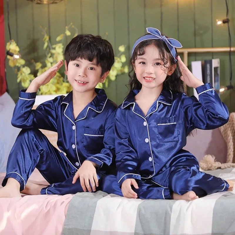 Pyjamas Bleu Satin Soie Pyjamas Ensembles Pour Adolescentes Garçons Pyjamas À Manches Longues Haut Pantalon Pijama Ensemble Automne Enfants Vêtements De Nuit Enfant Pjs 230725