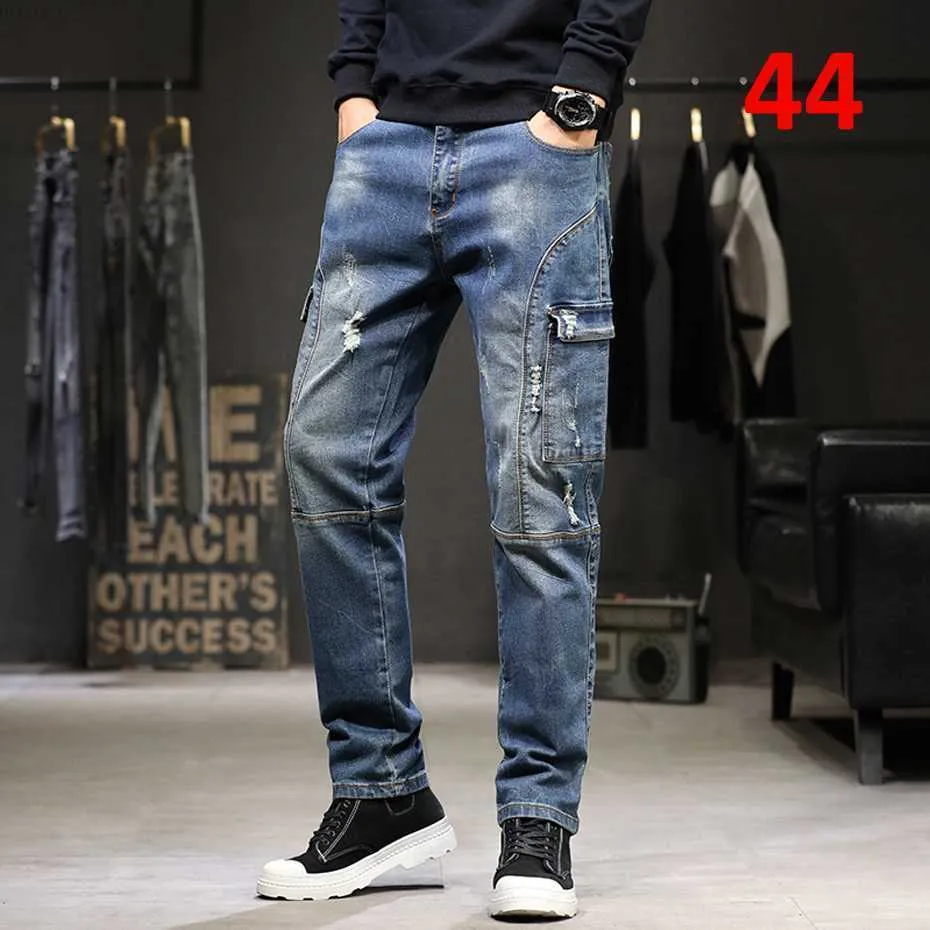 Męskie dżinsy 42 44 Rozbite dżinsy w rozmiarze plus Men Vintage Denim Spodnie workowane spodnie ładunkowe Modne spodle przyczynowe męskie duże rozmiary dna L230724