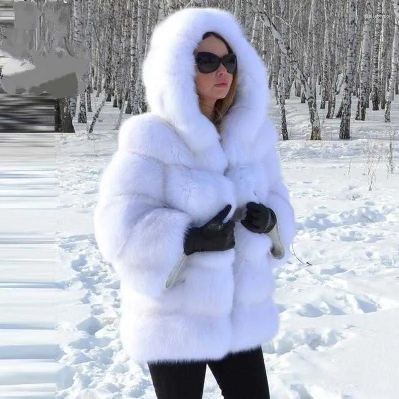 Women's Faux Fur Winter Warm Overcoat Luxury Long Coat With Hood Elegant  High Quality Thicken Fluffy Jacket