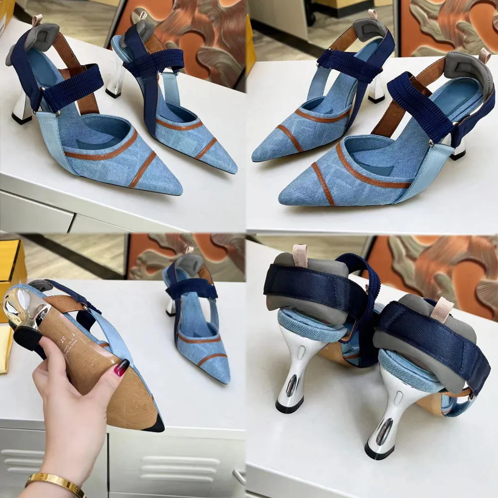 Colibri High Heeled Slingbacks med broderiedesigner High Heels vadderad kuddeflik Lägg till en sportig touch mode denim canvas färg matchande sandaler spike sandal