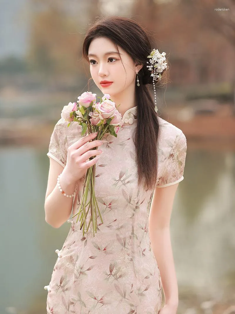 Vêtements ethniques Style chinois rose imprimé fleuri Qipao mode été Vintage mince moderne 2023 femmes à manches courtes Cheongsam