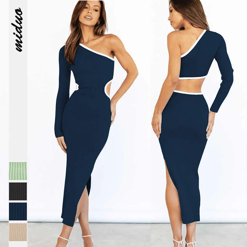 Best selling new one shoulder long sleeve rib cut out backless sexy celebrity slit tight wrap hip dress