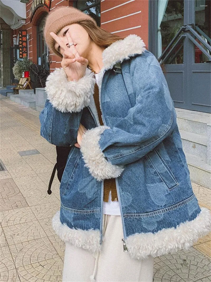 Kurtki damskie jeansowe płaszcz do włosów jagnięcy jesień i zima edycja koreańska zagęszczona kaszmirowa stojak kołnierz luźny styl pokonanie