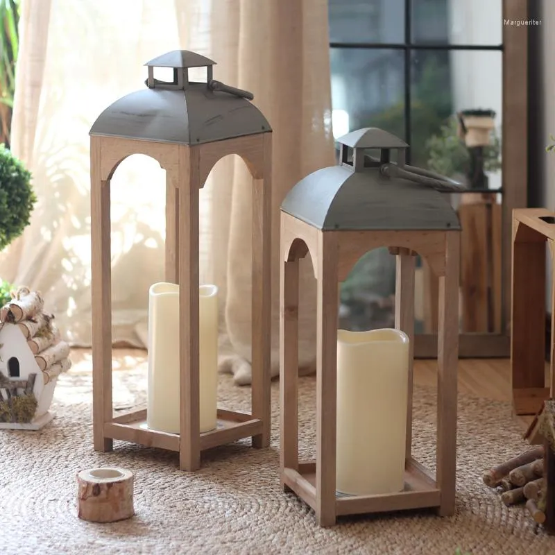 Ljushållare Intage Holder Lanterns Solid Wood Hanging Decorative Lantern Candleholder Home Decor för inomhus utomhusbröllop