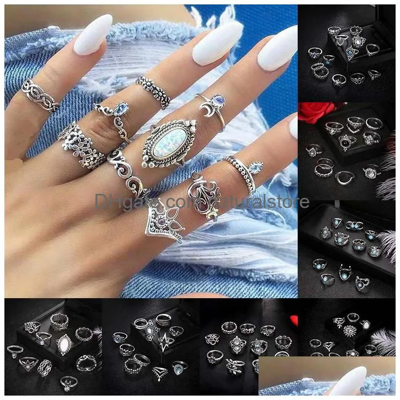 Cluster Ringen Stapelen Ring Set Retro Midi Knuckle Crown Lotu Leaf Star Olifant Maan Charme Voor Vrouwen Mode Sieraden Gift Will En Dr Dhkdo