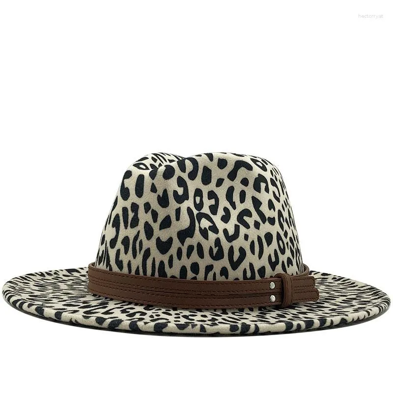 Berets Unisex Flat Brim Wool Feel Women Jazz Fedora Hats Men Leopard Grain Leather Band Decor Trilby Panama Formal 56-58 см.