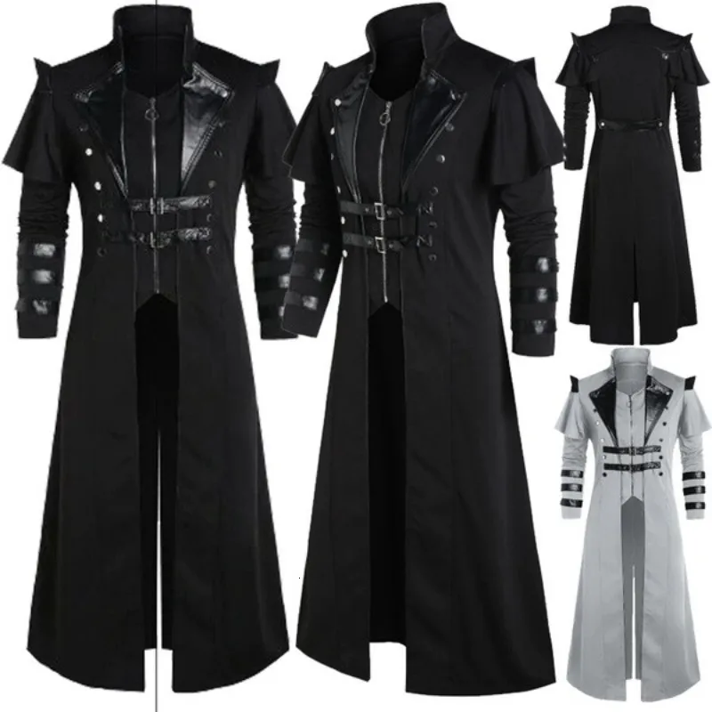 Herrgravrockar Vintage Men's Gothic Steampunk Long Jacket Trench Coat Retro Medieval Warrior Knight Overcoat Male Victoria Long Coat Plus Size 230725