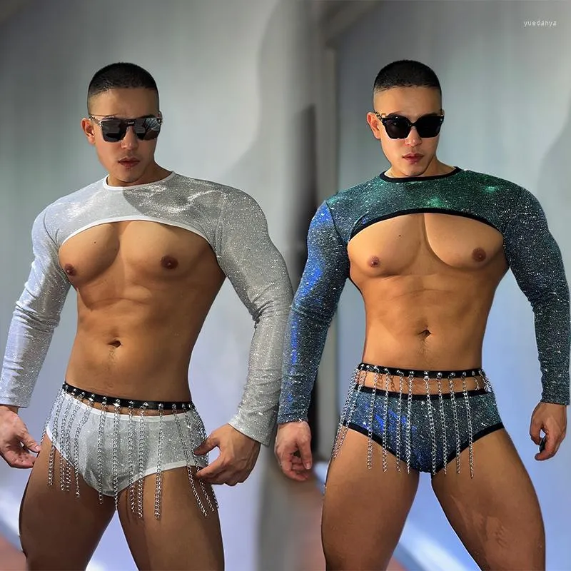 ステージウェアシリーズポールダンス服クラブバーマッスルマンジャズパフォーマンスコスチューム大人男性スパンコールトップショーツウエストチェーンVDB6867