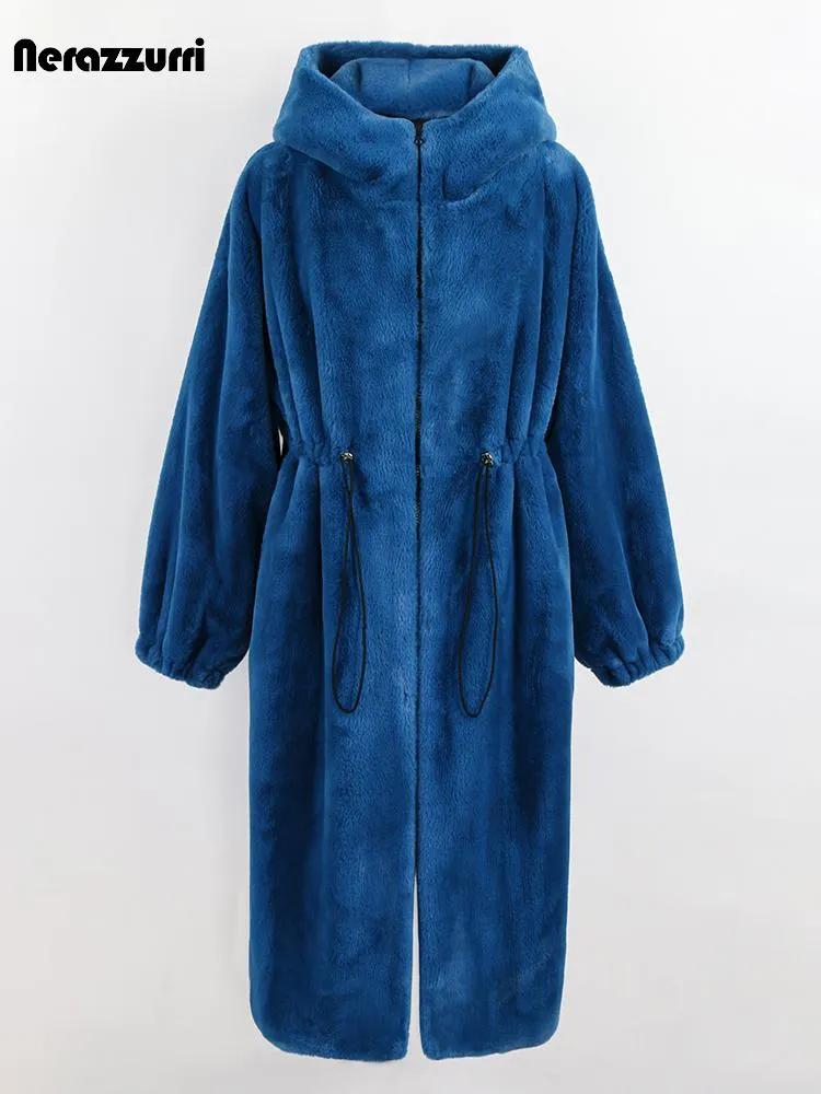 Pelz Nerazzurri Winter Langer, übergroßer, dicker, warmer, blau-weißer, schwarzer Kunstpelzmantel für Damen mit Kapuze und Reißverschluss, lockere, flauschige Jacke