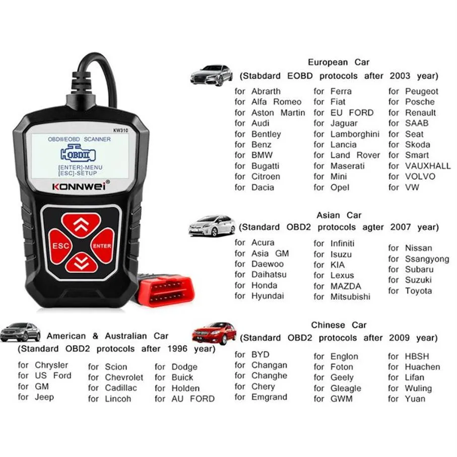 KONNWEI Tools KW310 OBD2 Scanner for Auto OBD 2 Car Diagnostic Tool Automotive Russian253k